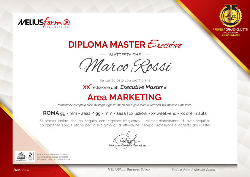 Attestato di partecipazione rilasciato al termine del Master in Marketing Management MELIUSform