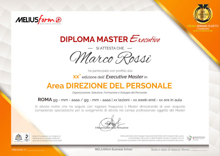 Attestato di partecipazione rilasciato al termine del Master HR MELIUSform